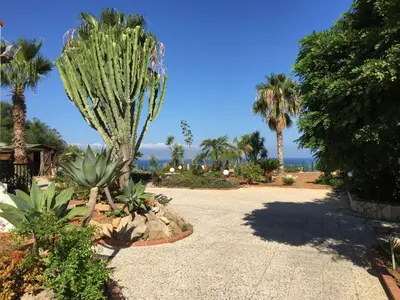 a garden with palm trees and a walk way at Apartment Villa Gina in Trappeto by Interhome in Trappeto