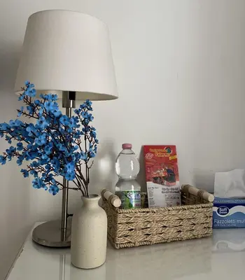 a table with a lamp and a vase with blue flowers at Palermo Central BB in Palermo