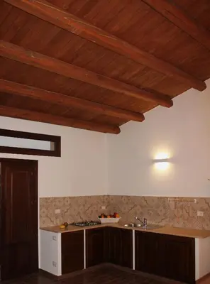 a kitchen with wooden ceilings and a counter top at Agriturismo Masseria Castellana in Monreale