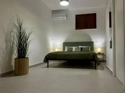 a bedroom with a green bed and a potted plant at Casa Manzella Apartments in Cinisi