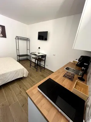 a room with a bed and a desk with a laptop at Palermo Home Cattedrale-Moderno Monolocale in Palermo