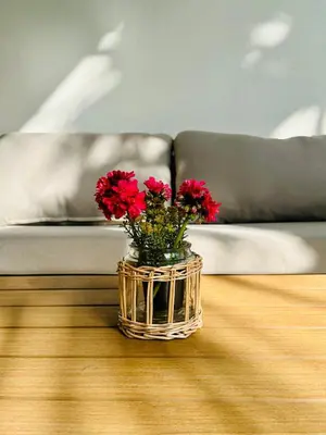 a vase with red flowers on a table in front of a couch at Comfy Holiday House in Castellammare del Golfo
