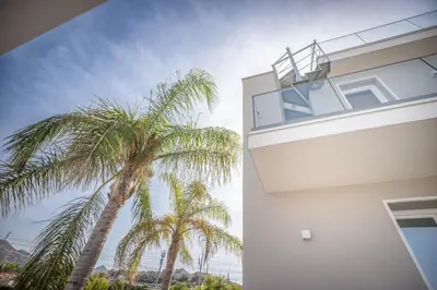 a palm tree next to a building with a balcony at Richgood Luxury homes - Villa Zefira mare in Altavilla Milicia