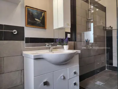 a bathroom with a white sink and a shower at FALSTAFF 2 Apartment in Palermo