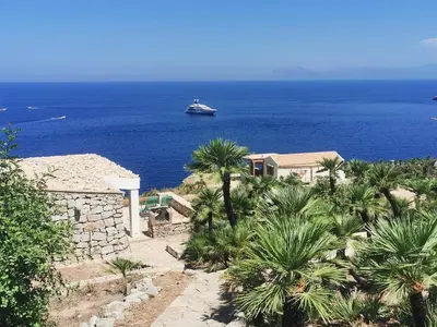 a boat in the ocean with a house and palm trees at Chalet Le Palmette in Contrada Sauci Grande
