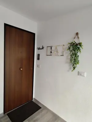 a hallway with a door and a plant on the wall at Appartamento La Perla bianca in Palermo