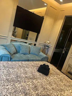 a living room with a blue couch and a flat screen tv at SCJAVURU of HOME in Palermo