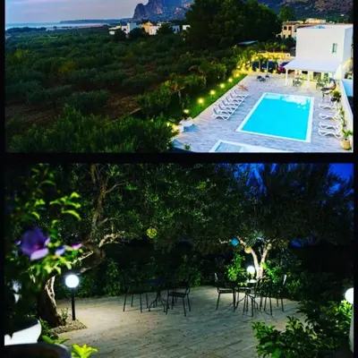 two pictures of a swimming pool with tables and chairs at L' arcobaleno in Castelluzzo