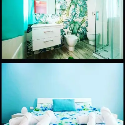 two pictures of a bathroom with a bed and a sink at L' arcobaleno in Castelluzzo