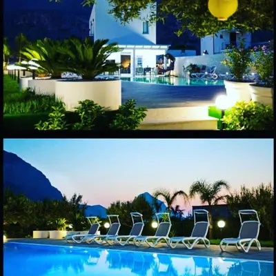 two pictures of a pool with chairs next to a house at L' arcobaleno in Castelluzzo