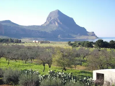 a mountain in the distance with a field and trees at Baglio Fontana in Castelluzzo