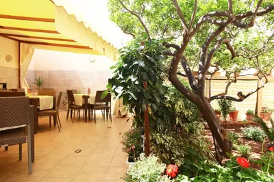 a restaurant with a tree and tables and chairs at Coralia Bed & Breakfast in San Vito lo Capo