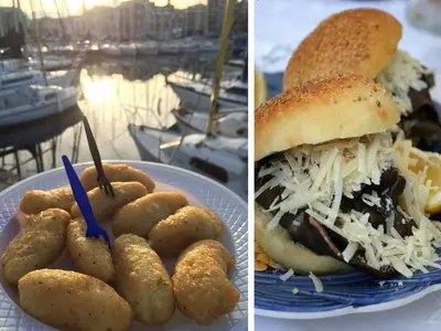 two pictures of a plate of food with a sandwich and potatoes at Casakameusa in Palermo
