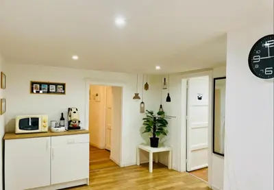 a kitchen with white cabinets and a potted plant at Home Maletto in Palermo