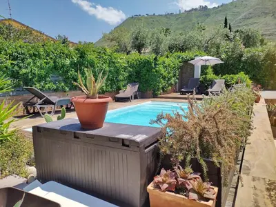 a backyard with a swimming pool and some plants at Villa Giorgia in Cefalù