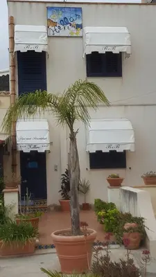 a palm tree in a pot in front of a building at Hellas Makari B&B in San Vito lo Capo