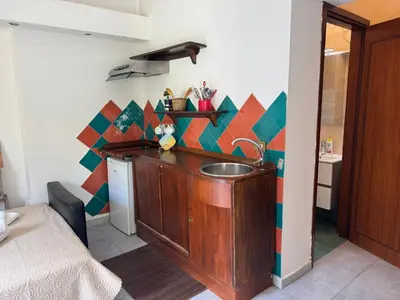 a kitchen with a wooden sink in a room at Apartment Co in Palermo