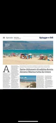 a page of a newspaper with a picture of a beach at La Casa delle Ginestre in Alcamo Marina