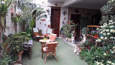 a patio with a table and chairs and plants at La Palma San Francesco in Sferracavallo