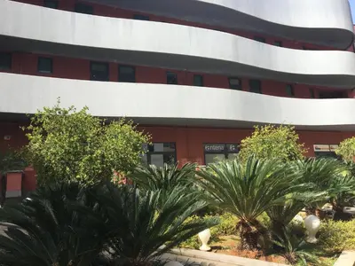a building with palm trees in front of it at Esmeralda Apartment in Palermo