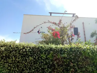 a bird sitting on a sign behind a hedge at Karma B&B in San Vito lo Capo