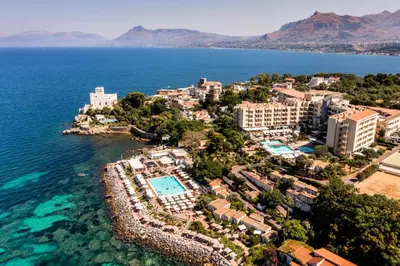 an aerial view of a resort on the water at Domina Zagarella Sicily in Santa Flavia