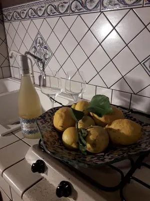 a bowl of fruit on a counter with a bottle of milk at Casa Vacanze Chiara in Terrasini