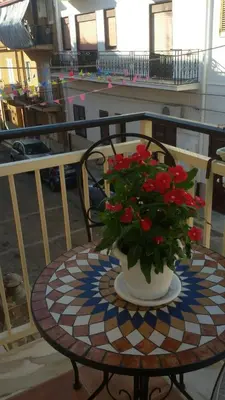 a table with a vase of red flowers on a balcony at Casa Vacanze Chiara in Terrasini