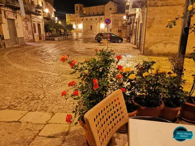 a bench on a street at night with flowers at Albergo Ristorante Pizzeria Del Viale in Palazzo Adriano