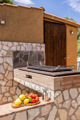 a stone grill with a tray of fruits and vegetables at Villa Cocos in Casteldaccia