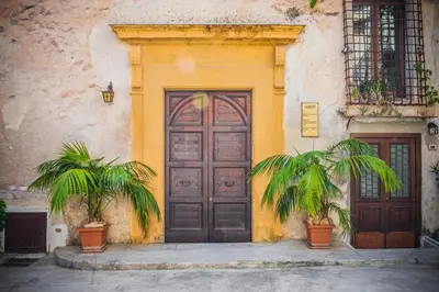 a building with a wooden door and two plants at Palazzo Q-tò in Monreale