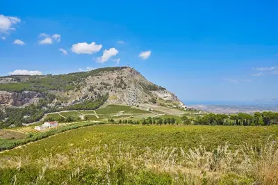 a mountain with a train on it in a field at Villa Bonifato vista sulle campagne e sul mare siciliano COZY HOUSE ITALY in Alcamo