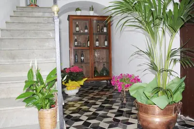 a room with potted plants on a checkered floor at Terrazza in Palazzo Taormina in Castellammare del Golfo