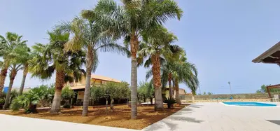 a group of palm trees next to a swimming pool at Villa Paradiso in Alcamo Marina