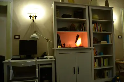 a room with a book shelf with a desk and a lamp at il lapino in Palermo