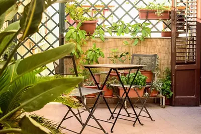 a patio with a table and chairs and plants at il lapino in Palermo