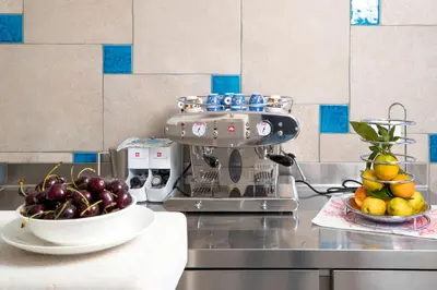 a kitchen counter with a mixer and a bowl of fruit at Il Mare Dentro Rooms in San Vito lo Capo