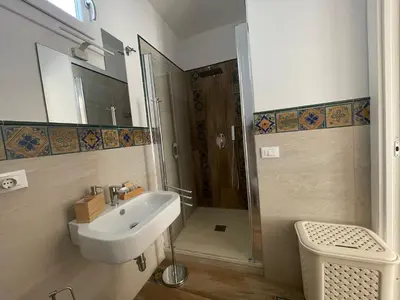 a bathroom with a sink and a shower at Suite de la Sicilienne in Castellammare del Golfo