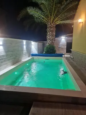 a swimming pool at night with a palm tree at La Villetta di Leonardo, con piscina privata in Campofelice di Roccella