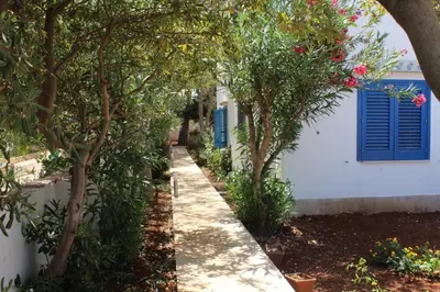a garden with trees and a white building with blue shutters at Villa Casa Madre in San Vito lo Capo