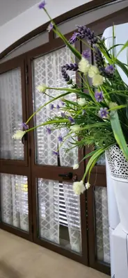 a vase with flowers in front of a door at Al Civico 365 in Castelluzzo