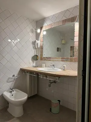 a bathroom with a sink and a toilet and a mirror at Voile Rouge in Palermo