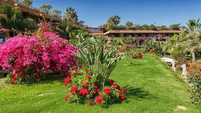 a garden with pink and red flowers in a yard at Acacia Resort in Campofelice di Roccella