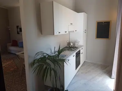 a kitchen with white cabinets and a plant at Vittorio Emanuele Appartamenti in Palermo
