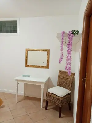 a table and a chair with a mirror and purple flowers at Appartamentino Cinisi in Cinisi
