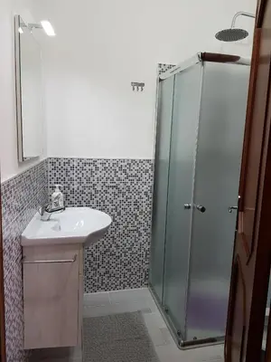 a bathroom with a glass shower and a sink at Bilocale Mini Very in San Vito lo Capo