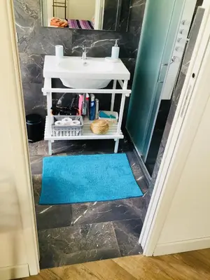 a bathroom with a sink and a blue rug at Gò Gò House in Palermo