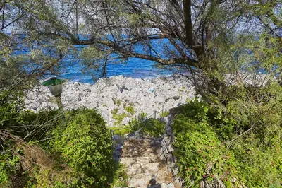 a path leading up to a beach with the ocean at Villa Majus in Porticello