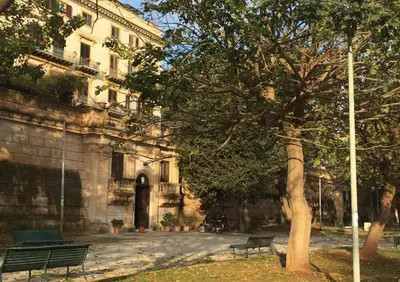 a tree in front of a building with two benches at Amazing Sea View in Historic Building in Downtown by Wonderful Italy in Palermo