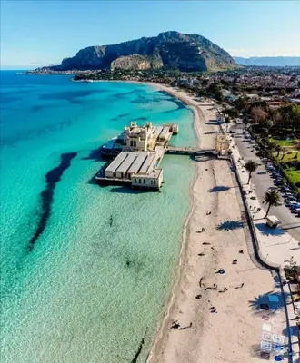 an aerial view of a beach with a dock at Oreto Bridge in Palermo